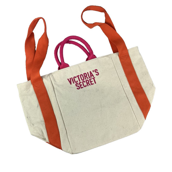 Victoria's Secret Tote Beach Bag Pink Orange Canvas Large Carryall Shoulder - Picture 1 of 8